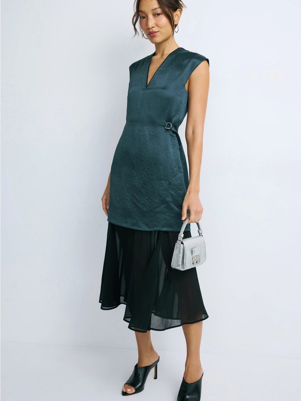 3.1 Phillip Lim Teal Overlay Midi Dress with Black Chiffon Skirt MSRP $750